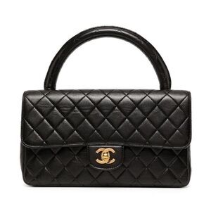 CHANEL Black Quilted Kelly Top Handle Leather Handbag